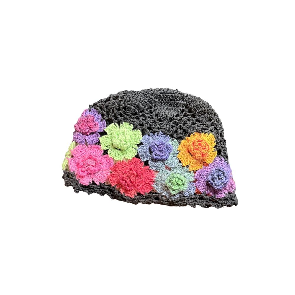 Black crochet skull cap beanie open weave multicolor flowers one size rainbow